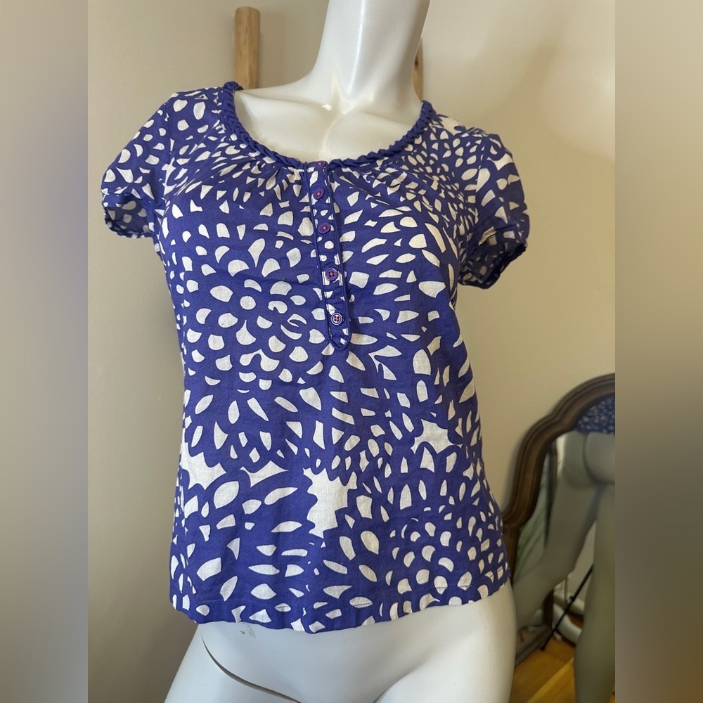 Boden Floral Blue Purple Top Cap Sleeves Button Front Lots of Details 4 Cotton
